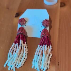 Elegant Pink and White Beaded Tassel Earrings